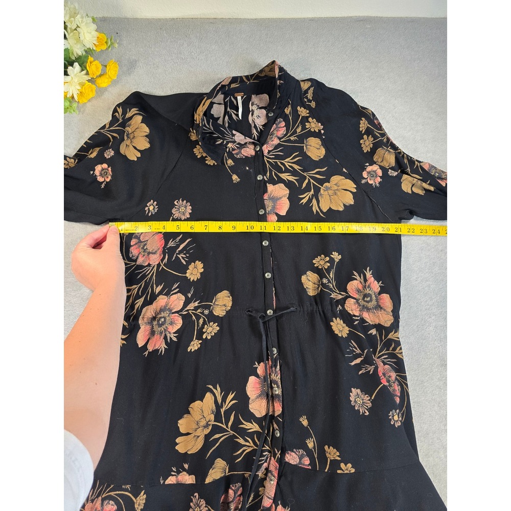 Free People Dress Womens Medium Black Floral Boho Drawstring Ruffle Hem Fall - Picture 12 of 13